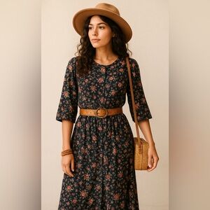 Vintage April Cornell Floral Midi‎ Dress – Cottagecore Prairie Boho Style